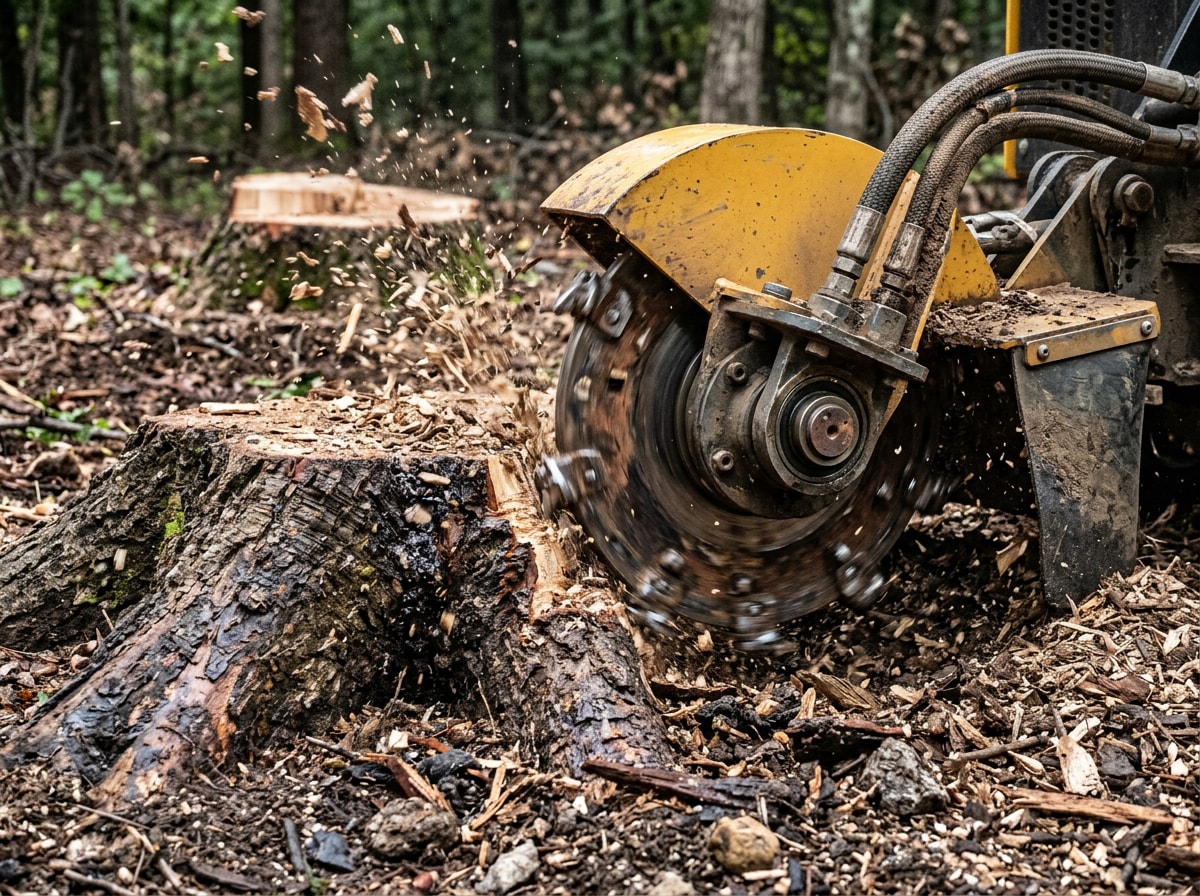 Stump grinder cutting through a wide tree root flare in a Jackson, MS yard