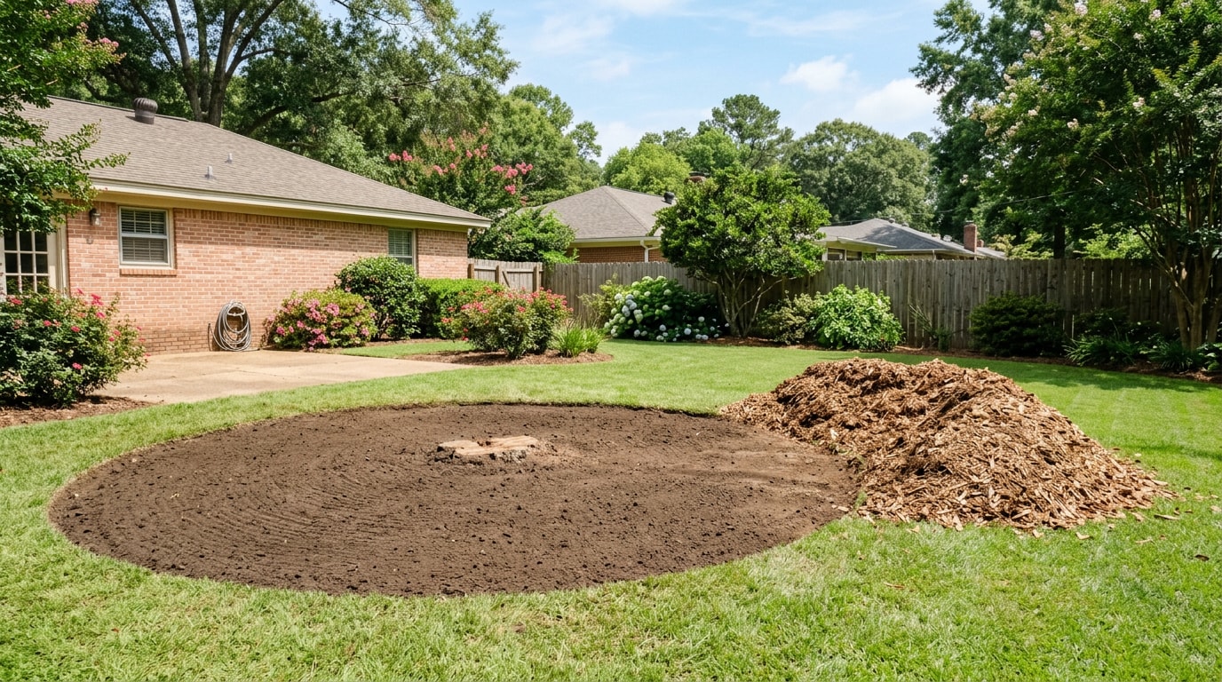 Freshly completed tree root removal site in a Jackson, MS backyard Freshly completed tree root removal site in a Jackson, MS backyard