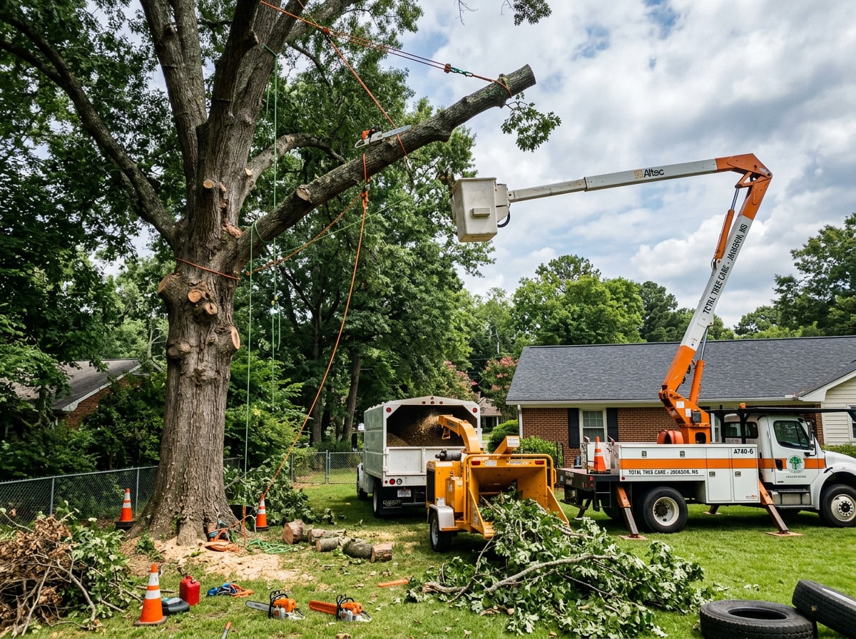 Tree removal crew cutting down a large tree in a Jackson, MS backyard