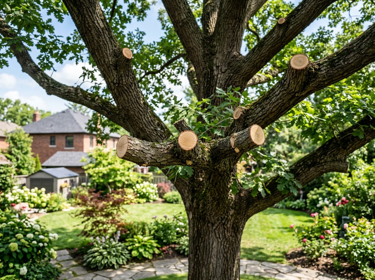 Arborist performing crown reduction pruning on a large oak tree in a residential yard