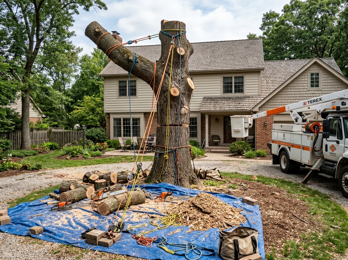 Tree removal crew using rigging equipment to safely remove a large tree near a home