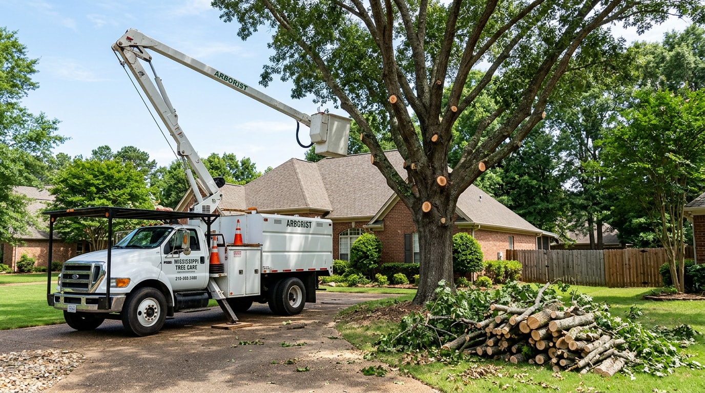 Bucket truck and freshly pruned oak tree during a tree surgery job in Madison, MS