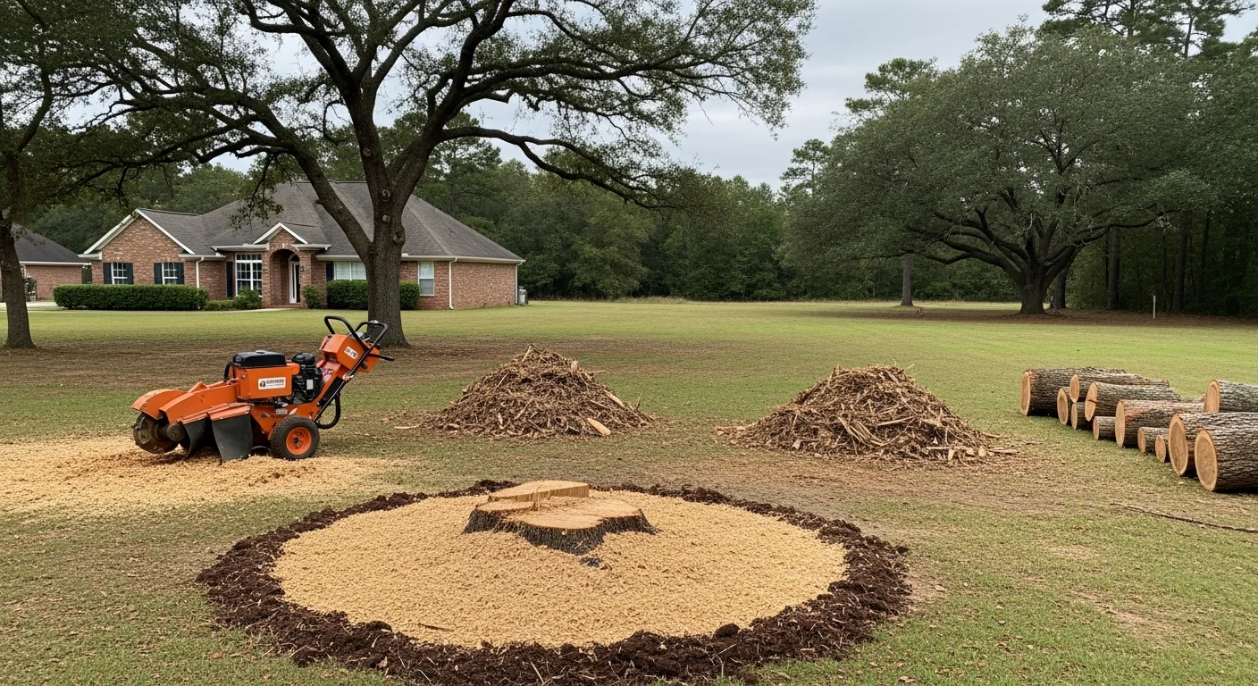 Professional arborist trimming tree branches with safety equipment