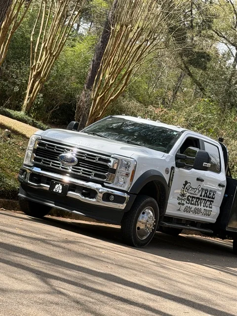 White Ford F-550 service truck parked under tall trees with company signage