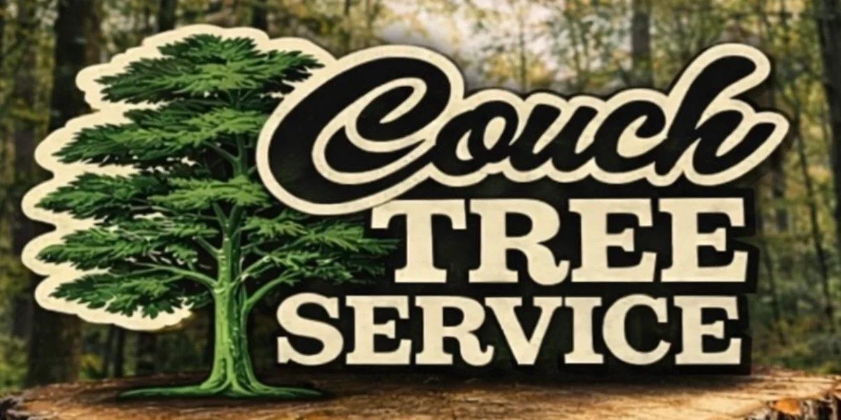 Tree service logo with green evergreen tree illustration and cream script lettering on dark background