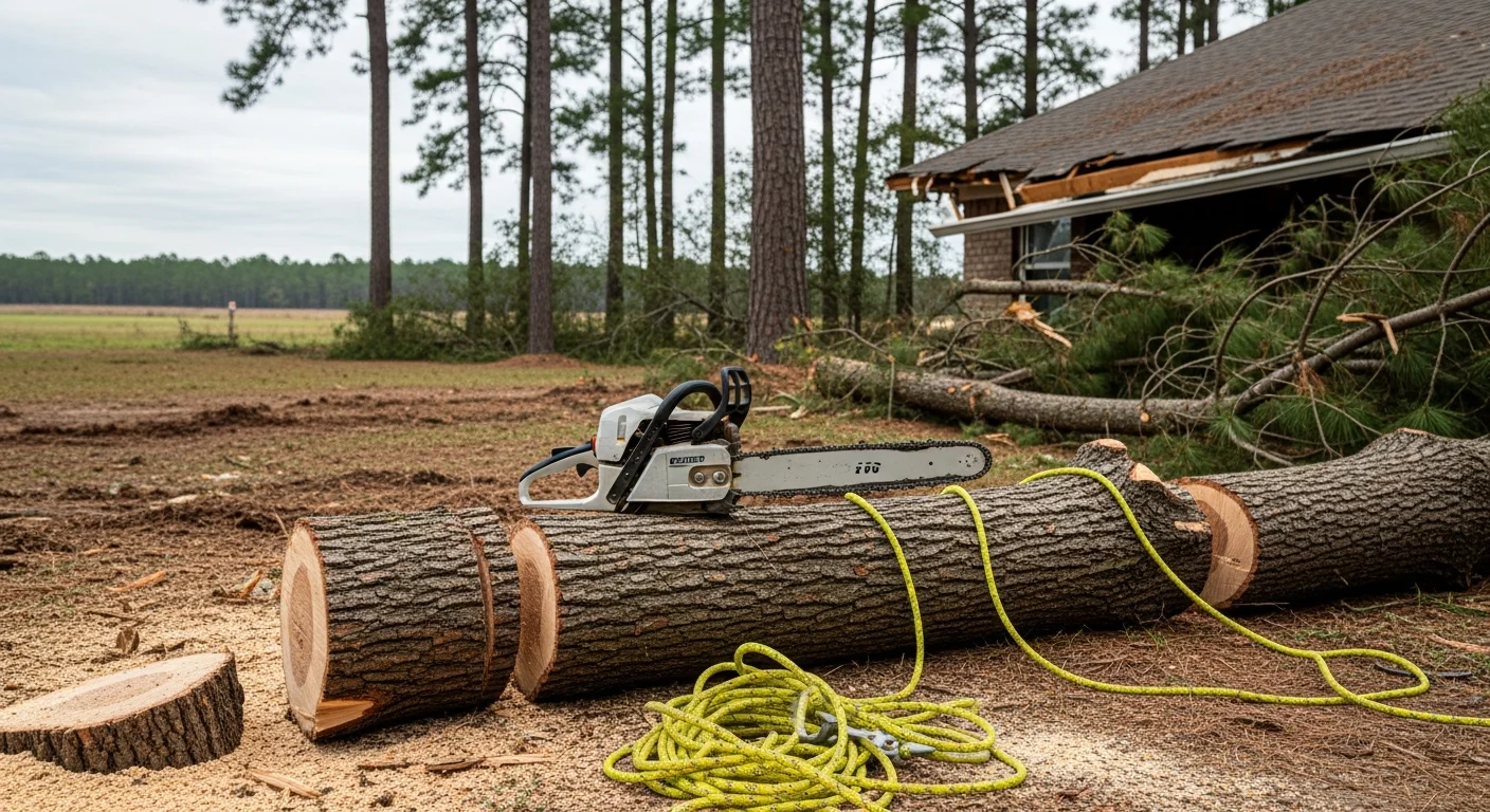A large storm-damaged pine tree removed from the roof of a residential home in Ridgeland, Mississippi, with debris cleared from the yard. Couch Tree Service crew equipment visible on site after a central Mississippi storm.