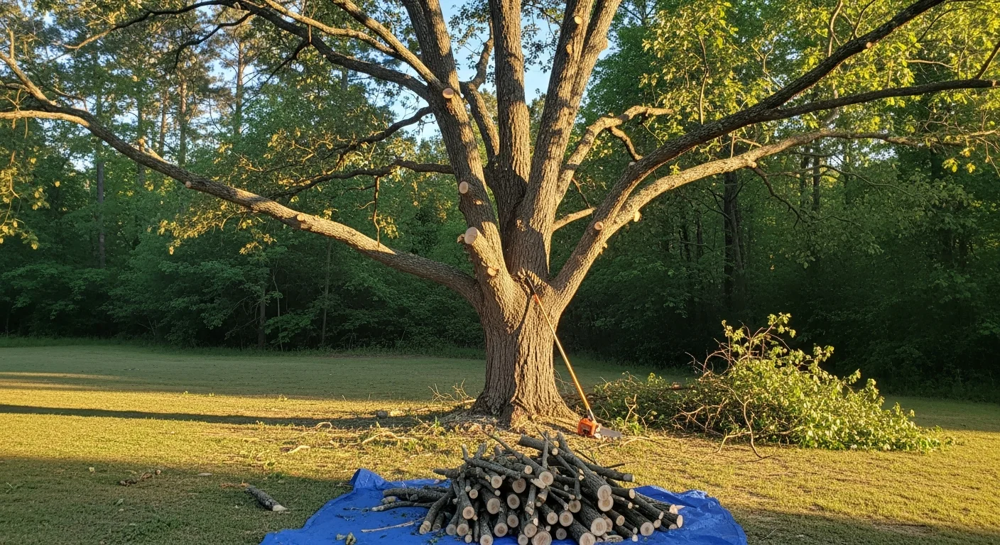 A Couch Tree Service crew member pruning the upper canopy of a mature oak tree in a residential Ridgeland, MS backyard. Trimmed branches are visible on the ground below the tree, with a single-story home in the background.