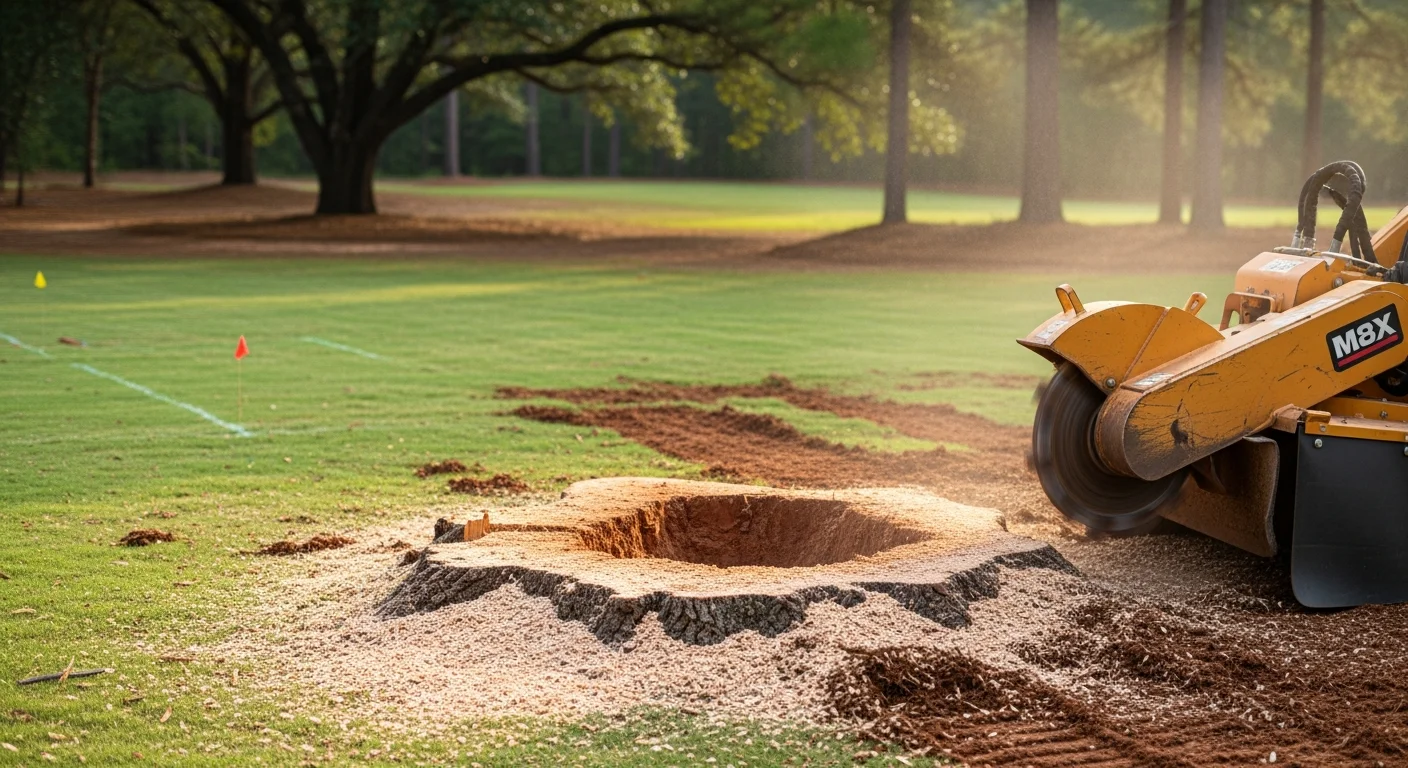 A freshly ground tree stump in a Ridgeland, MS residential yard, with wood chip mulch filling the void and surrounding grass intact. A Couch Tree Service crew member operates a commercial stump grinder near the cleared work area.