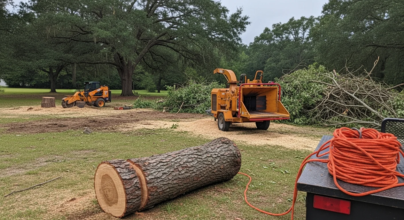 A large water oak being sectioned and removed from a residential yard in Ridgeland, MS. Cut wood sections and brush are staged on the lawn with a cleared roofline visible in the background.