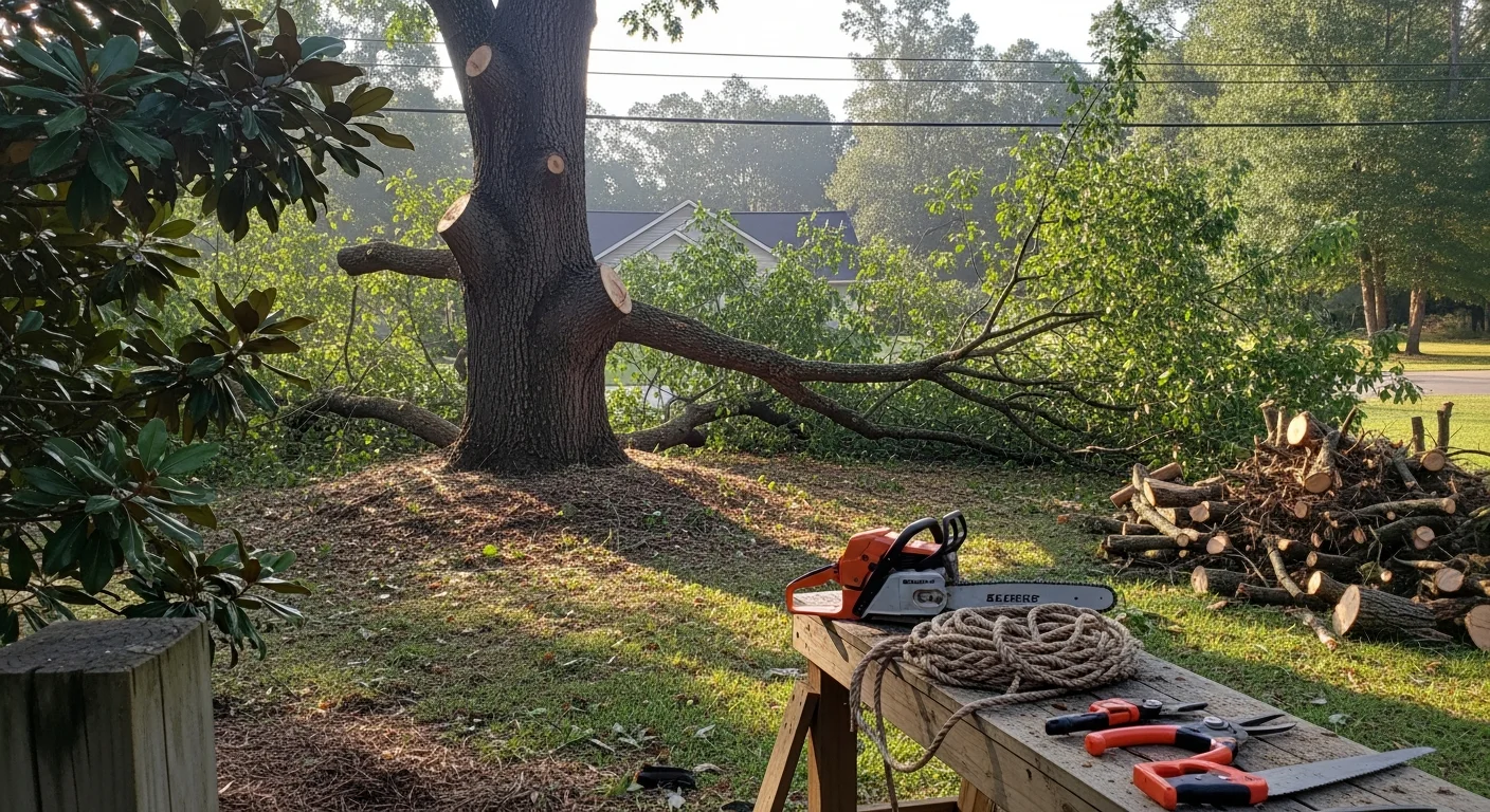 A Couch Tree Service crew member trimming an overgrown oak tree in a residential yard in Ridgeland, MS. Cut branches are stacked on the lawn with a wooded subdivision backdrop visible behind the property.